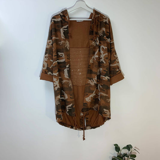 Camo jersey hoodie with ripped sequin detail on back and drawstring: TAN