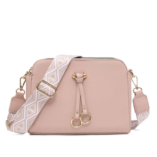 B23005 Cross Body Handbag with three zip top sections: Pink