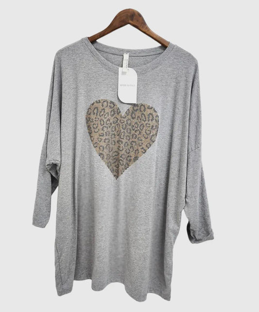 Italian Animal print heart Top O\S White