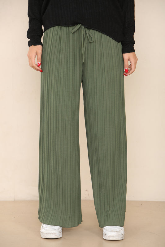 Elasticated Waist khaki Pleated Trousers