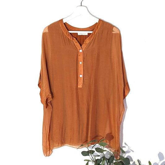 Classic silk top with mother of pearl buttons (M): Rust