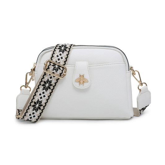 B23002 Cross Body Handbag with double zip top sections: White