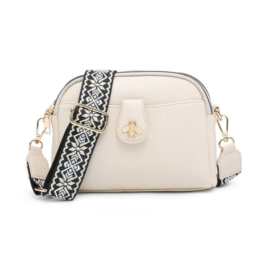 B23002 Cross Body Handbag with double zip top sections: Beige