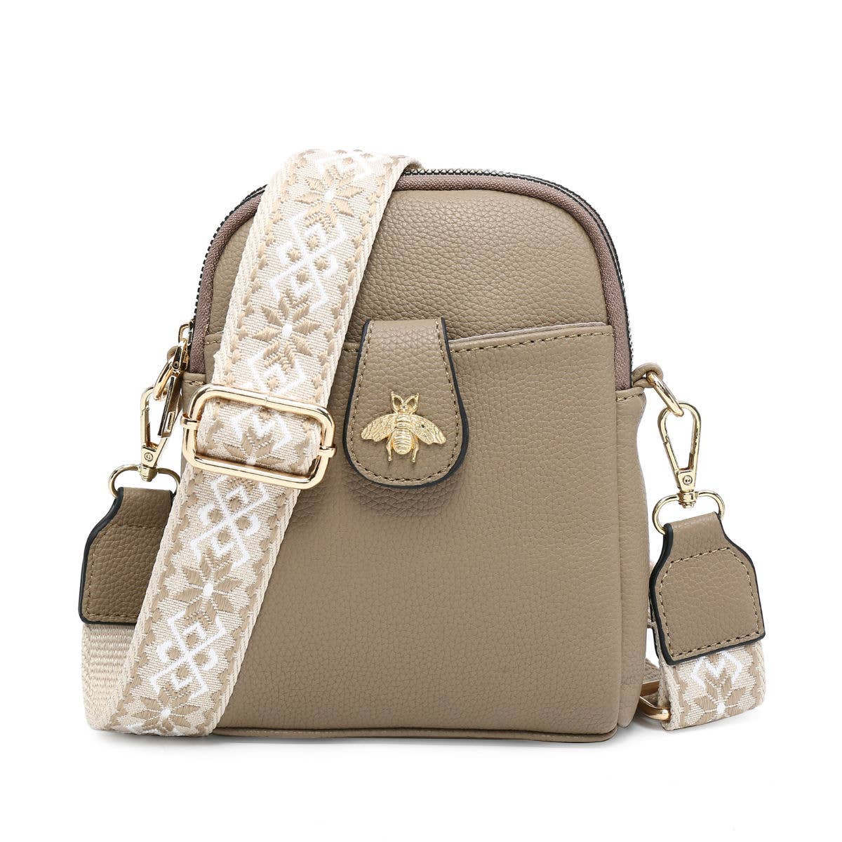 B23001 Cross Body Handbag with double zip top sections: Brown