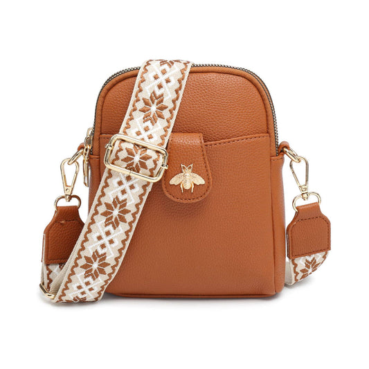 B23001 Cross Body Handbag with double zip top sections: Brown