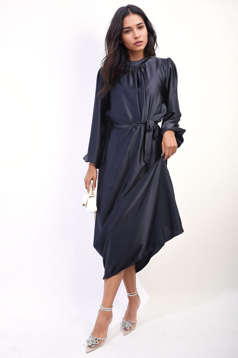 Long Sleeve High Neck Belted Maxi Dress