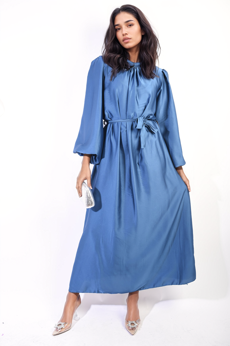 Long Sleeve High Neck Belted Maxi Dress