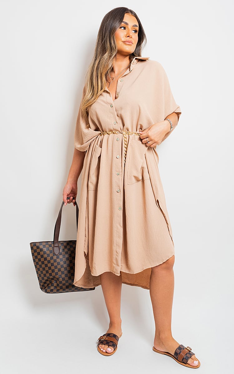 Button Down Collared Midi Dress with Two Front Pockets