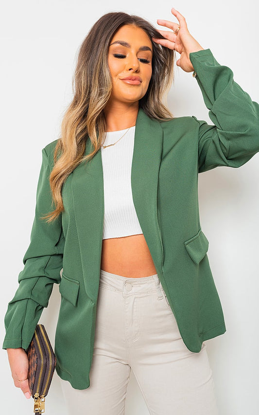 Ruched Sleeve Casual Blazer With Side Pockets