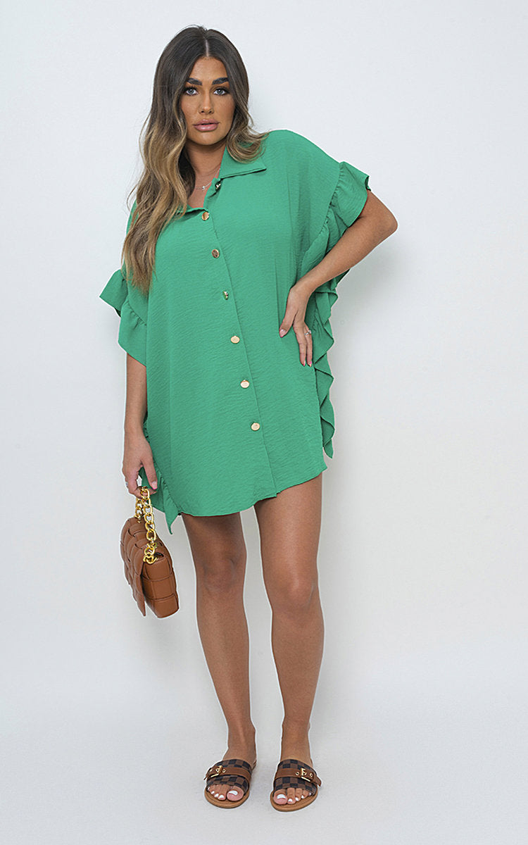 Button Down Ruffle Sleeve Shirt Dress