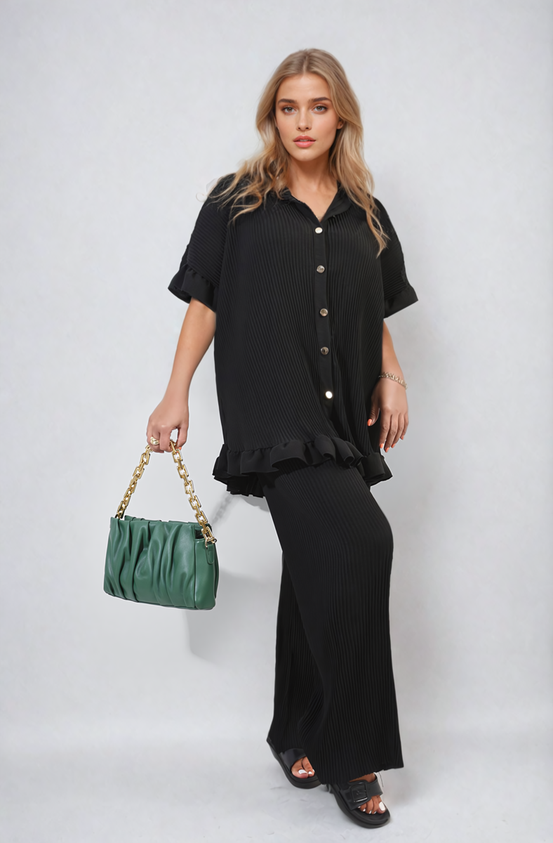 Button Pleated Frill Ruffle Top and Wide Leg Trouser Co-ord Set