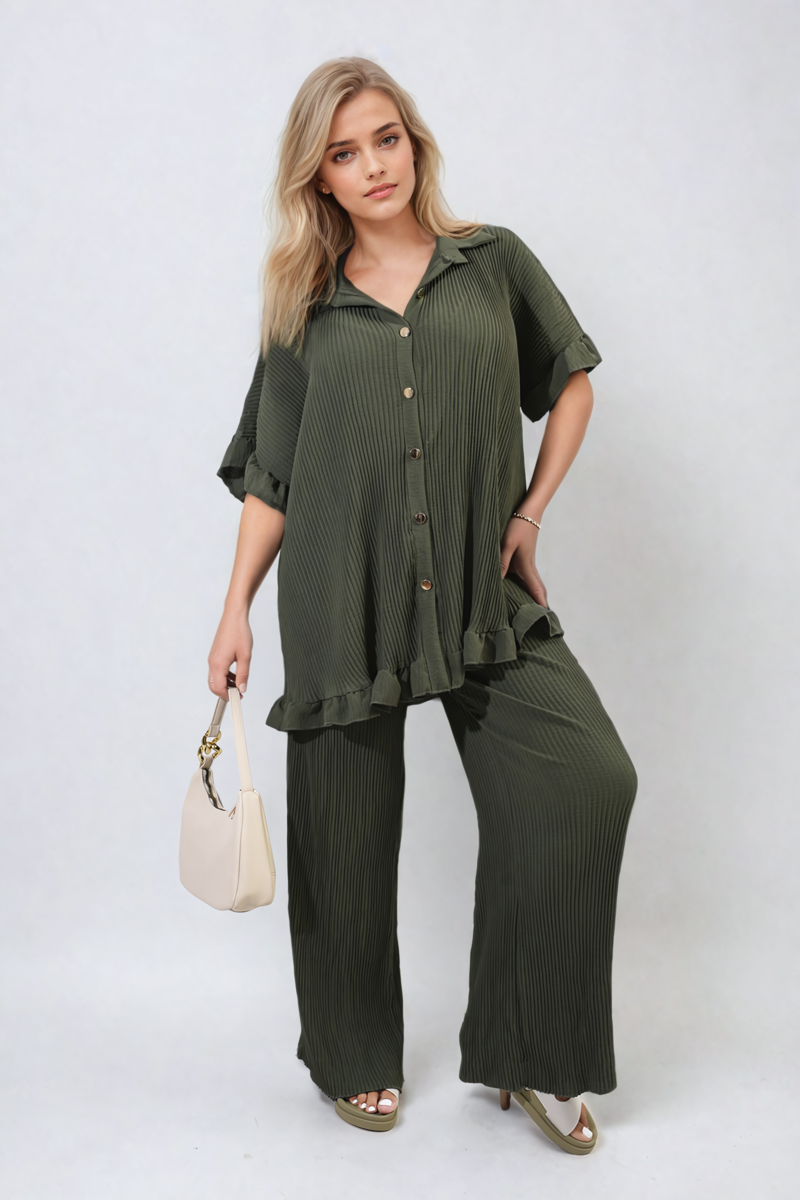 Button Pleated Frill Ruffle Top and Wide Leg Trouser Co-ord Set