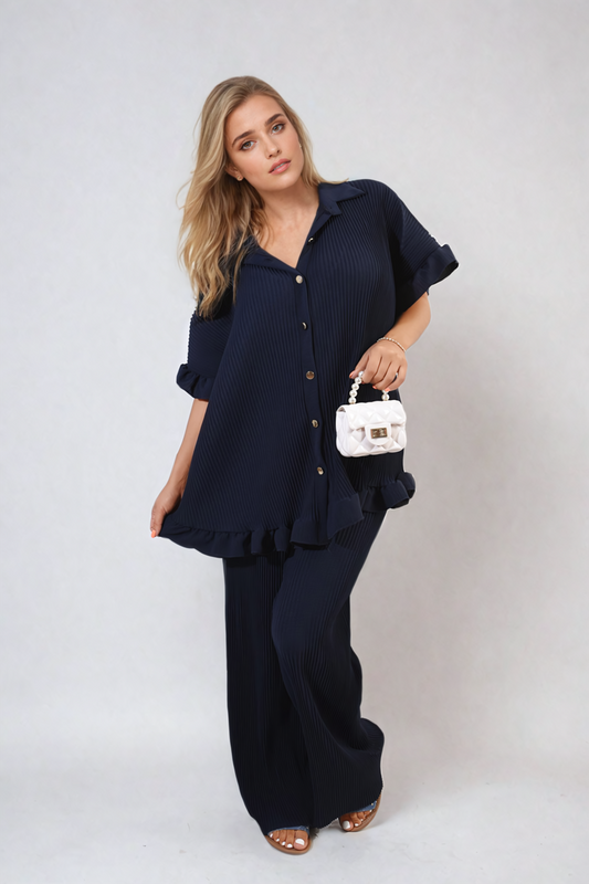 Button Pleated Frill Ruffle Top and Wide Leg Trouser Co-ord Set