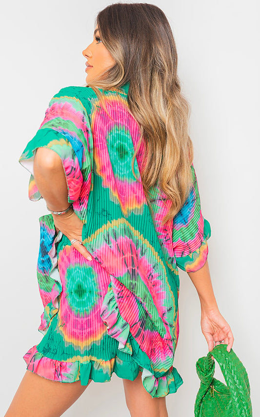 Tie-dye Pleated Patterened Shirt And Short Co-ord