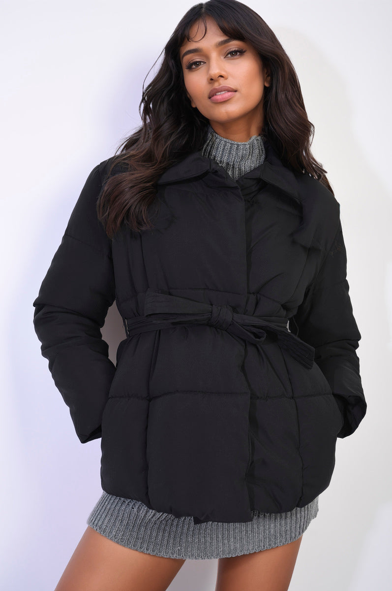 Quilted Padded Puffer Jacket With Belt Detail