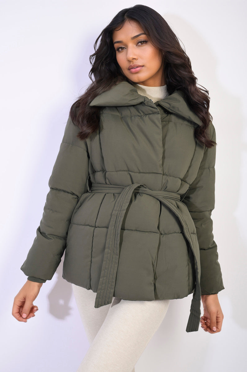 Quilted Padded Puffer Jacket With Belt Detail