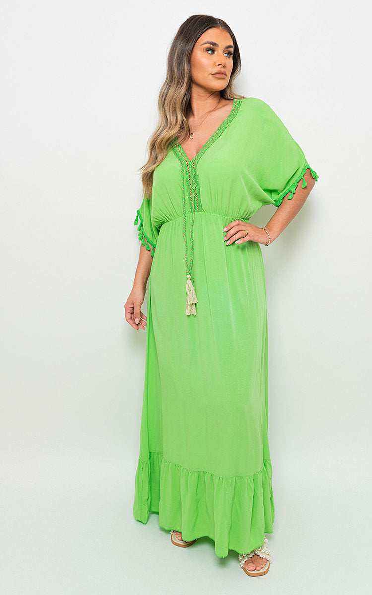 V-Neck Rope Tassel Detail Maxi Dress