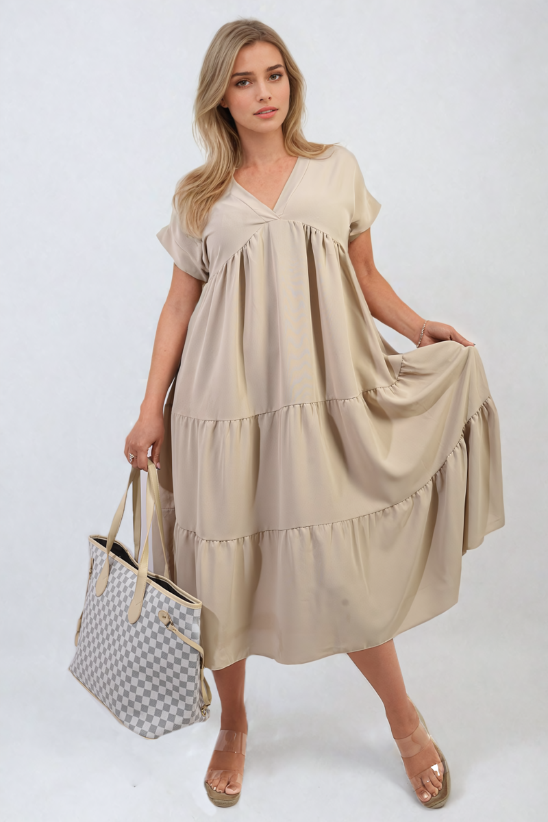 Short Sleeve Tiered V-Neck Midi Dress