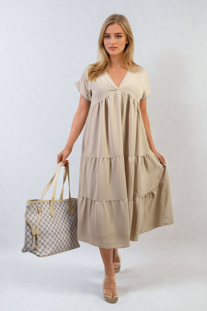 Short Sleeve Tiered V-Neck Midi Dress