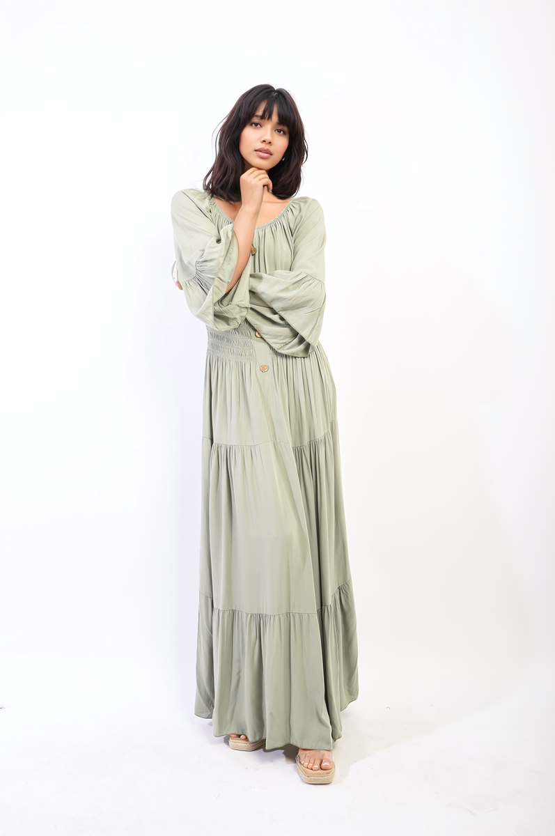 Ruffle Hem Sleeve Shirred Waist Tiered Maxi Dress