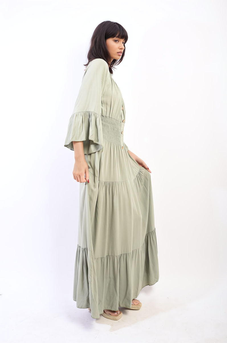 Ruffle Hem Sleeve Shirred Waist Tiered Maxi Dress