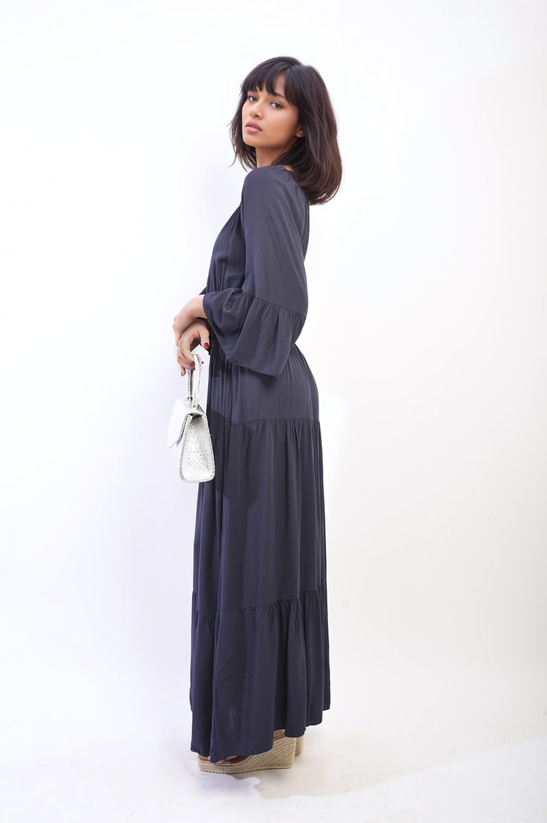 Ruffle Hem Sleeve Shirred Waist Tiered Maxi Dress