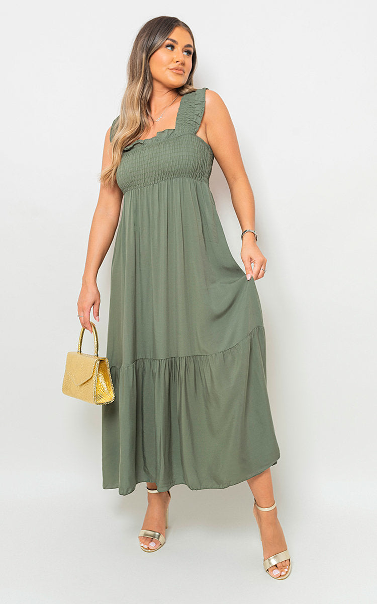 Wide Ruffle Strap Smocked Midi Dress