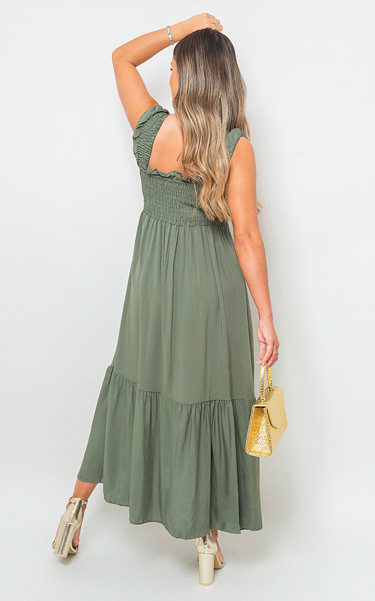 Wide Ruffle Strap Smocked Midi Dress