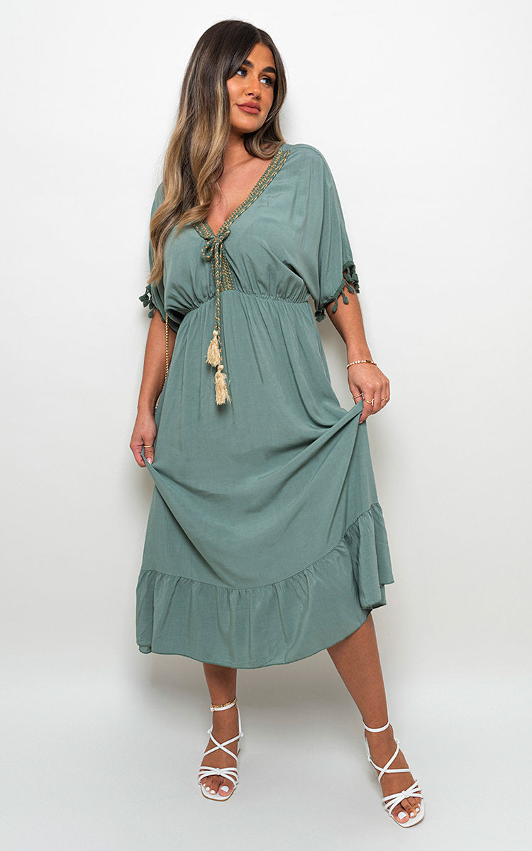 V-neck Rope Tassel Detail Maxi Dress