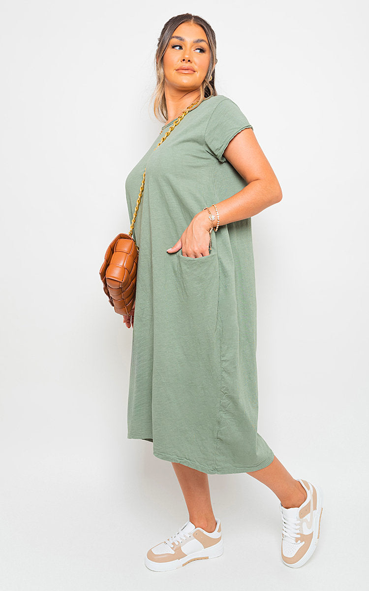 Front Pockets Short Sleeve Midi Dress