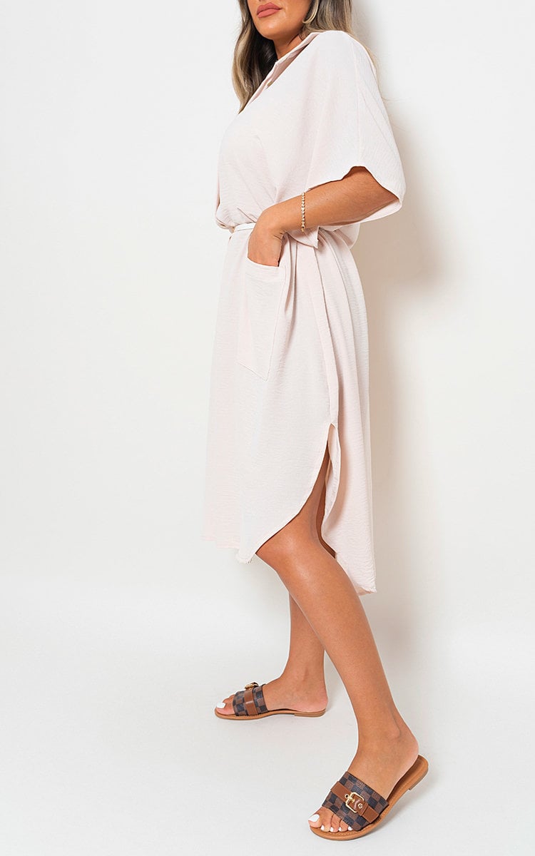 Button Down Collared Midi Dress with Two Front Pockets