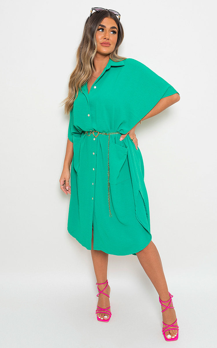 Button Down Collared Midi Dress with Two Front Pockets