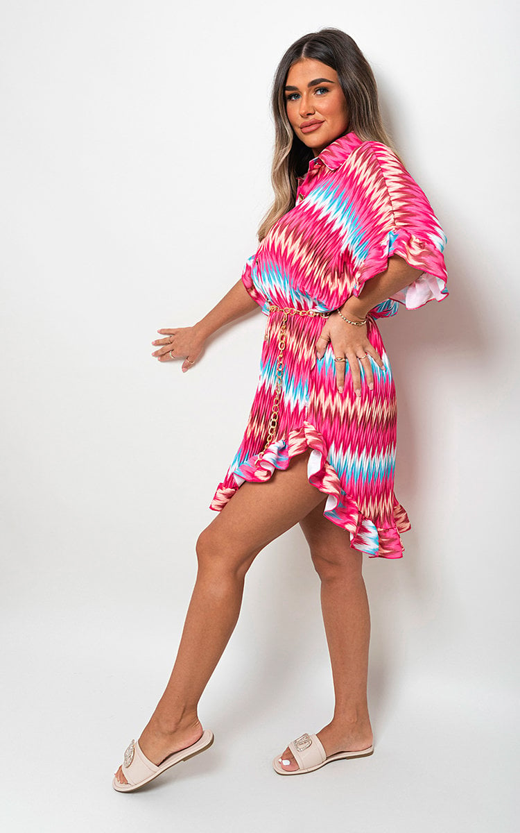 Zigzag Print Pleated Button Up Shirt Dress